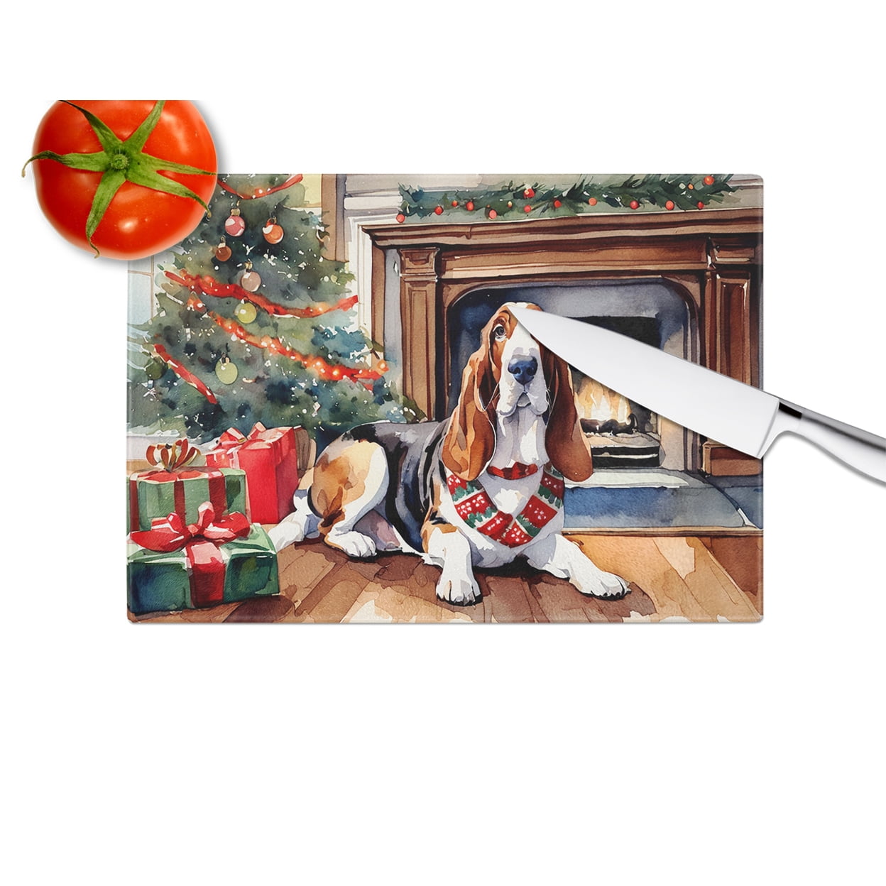 Basset Hound Cozy Christmas Glass Cutting Board Large 12 in x 15 in
