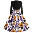 thumbnail image 5 of Women's Halloween Dress Bat Pumpkin Long Sleeve Cocktail Hepburn Cute Tea Length Dress V Neck 1950s Classic Fall Dress with Belt M, 5 of 5