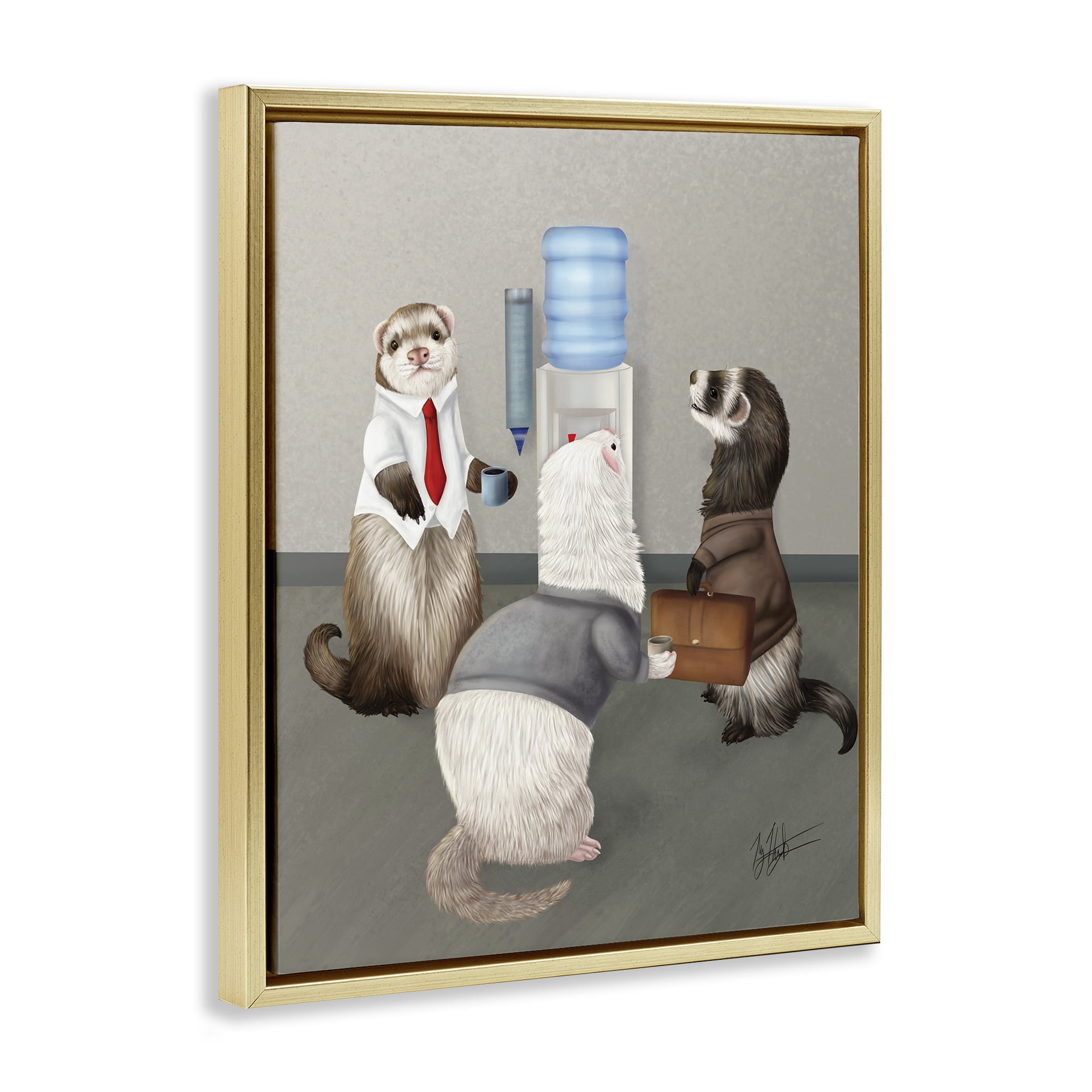 Stupell Industries Office Ferrets Water Cooler Animals & Insects Painting Gold Floater Framed Canvas Art Print Wall Art, 17 x 21