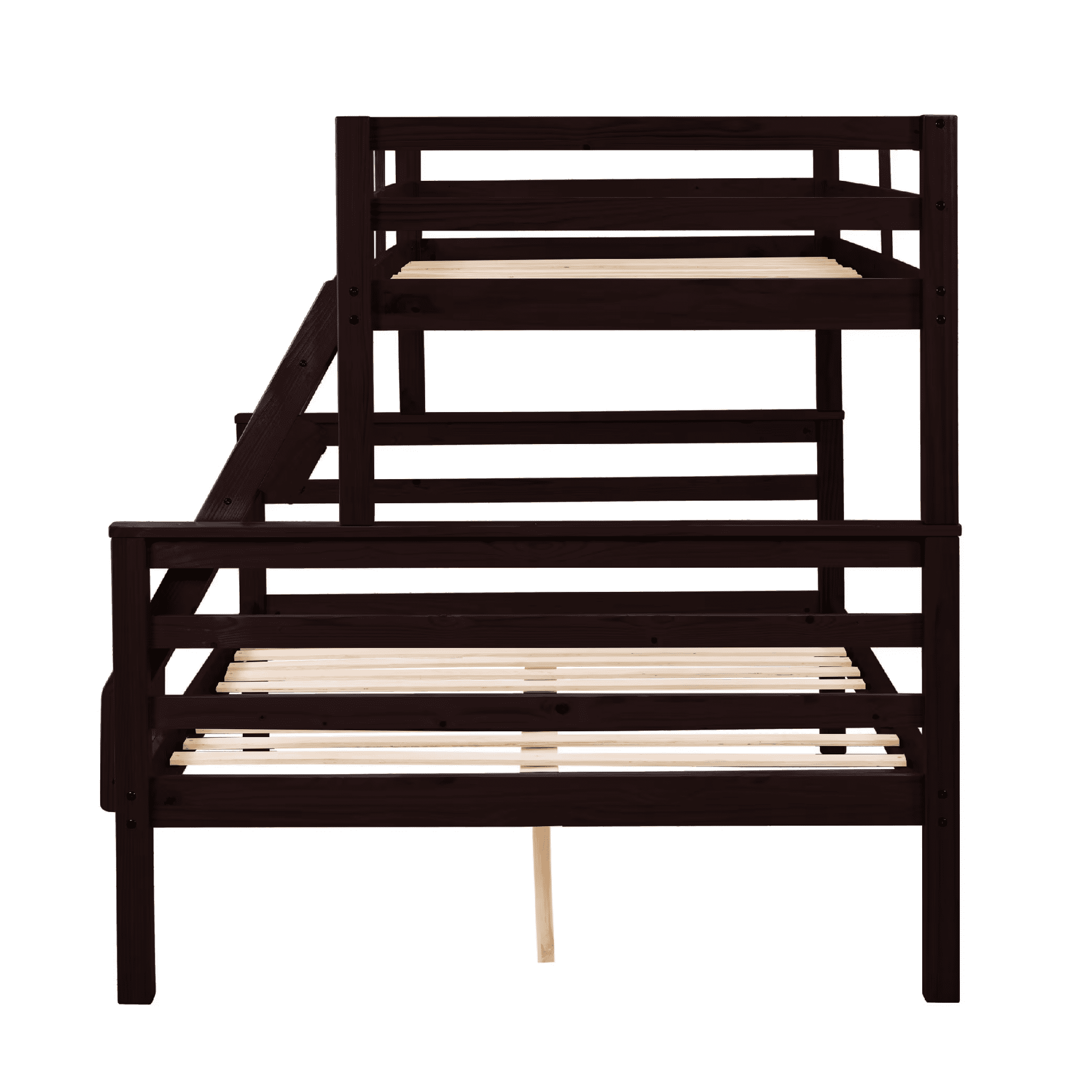 MAYEERTY Twin over Full Bunk Bed with Thick Posts, Wooden Bed Frame with High Guardrail and Ladder for Kids, No Box Spring Needed, Espresso