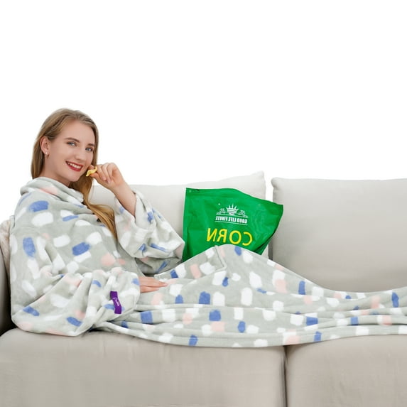 Winthome Wearable Blanket with Sleeves Soft Flannel TV Throw Blanket Size L Machine Washable Beige for Unisex Adult