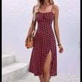 thumbnail image 4 of Vestidos de Verano de Lunares para Mujer, con Tirantes Finos, Corte Entallado y Abertura Lateral, Vestido Midi de Playa de Corte A. Rojo Vino M, 4 of 8