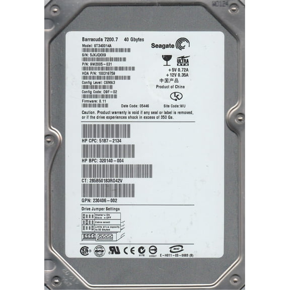 ST340014A, 5JX, WU, PN 9W2005-031, FW 8.11, Seagate 40GB IDE 3.5 Hard Drive