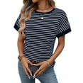 thumbnail image 3 of Women'S Short Sleeve Knit Tops Trendy Crewneck Striped T Shirts Casual Summer Blouses Outfits Navy Blue XXL, 3 of 10