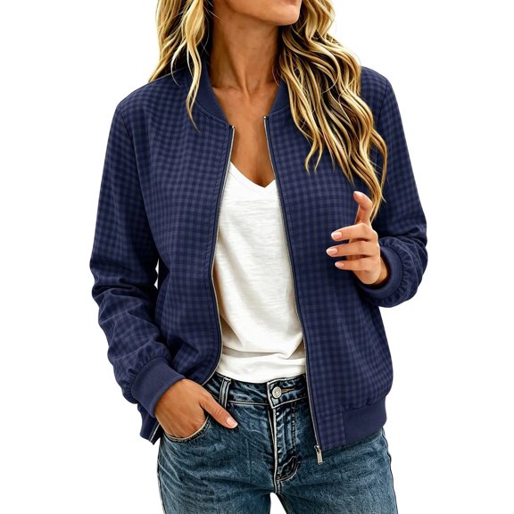 cocolona Womens Vintage Fall Jacket Casual Long Sleeve Crew Neck Lined Zipper LightWeight Plaid Outerwear