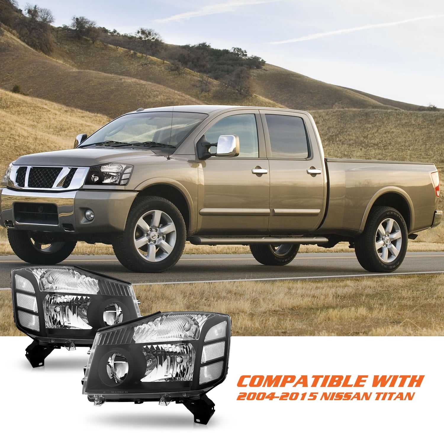 For 2004-2015 Nissan Titan/04-07 Armada Black Headlights Headlamps Left+Right