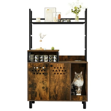 Dextrus 54" Wooden Cat Litter Box Enclosure Furniture, Large Stylish Hidden Cat Cabinet Furniture with Shelves Storage,Cat Litter Mat and Cat Bowl - Rustic Brown