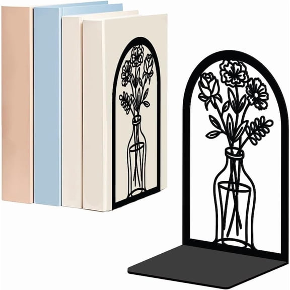 Flowers Metal Bookends for Shelves Decorative 1 Pair Flowers Heavy Duty Books End Support Non-Skid Book Holders Black L-Shaped Book Stopper for Home Office Desk Books Divider 4.7x3.5x7 Inch Black