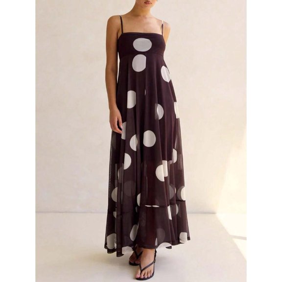Brown Polka Dot Sheer Tiered Maxi Dress With Spaghetti Straps Flowy Cami Summer Sundress