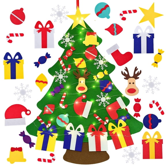 Coolmade DIY Felt Christmas Tree Set, 26pcs Detachable Ornaments with LED, Xmas Gifts for Kids New Year Handmade Christmas Door Wall Hanging Decorations