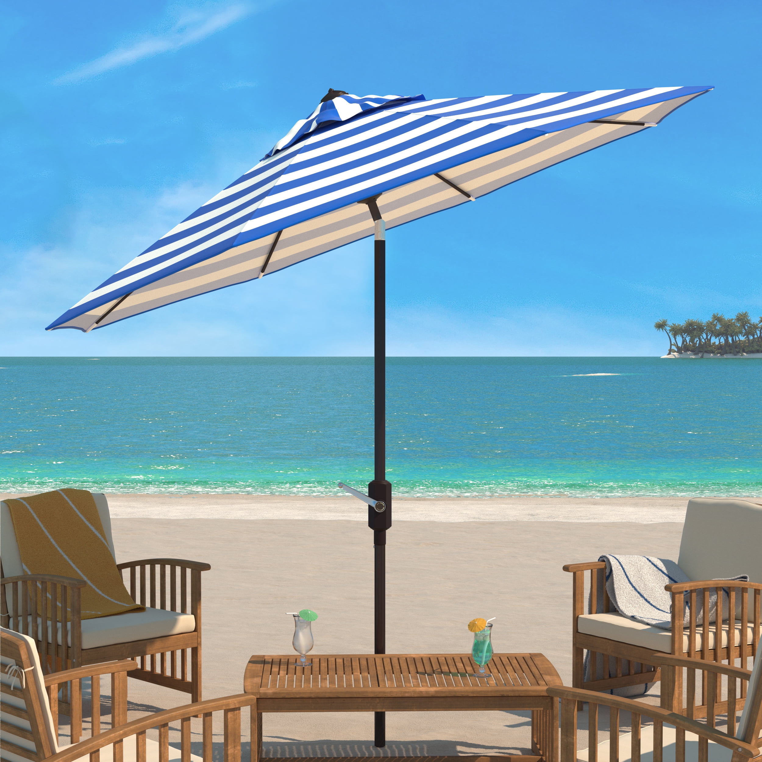 SAFAVIEH Iris 9' Market Auto Tilt Patio Umbrella, Pacific Blue Stripe