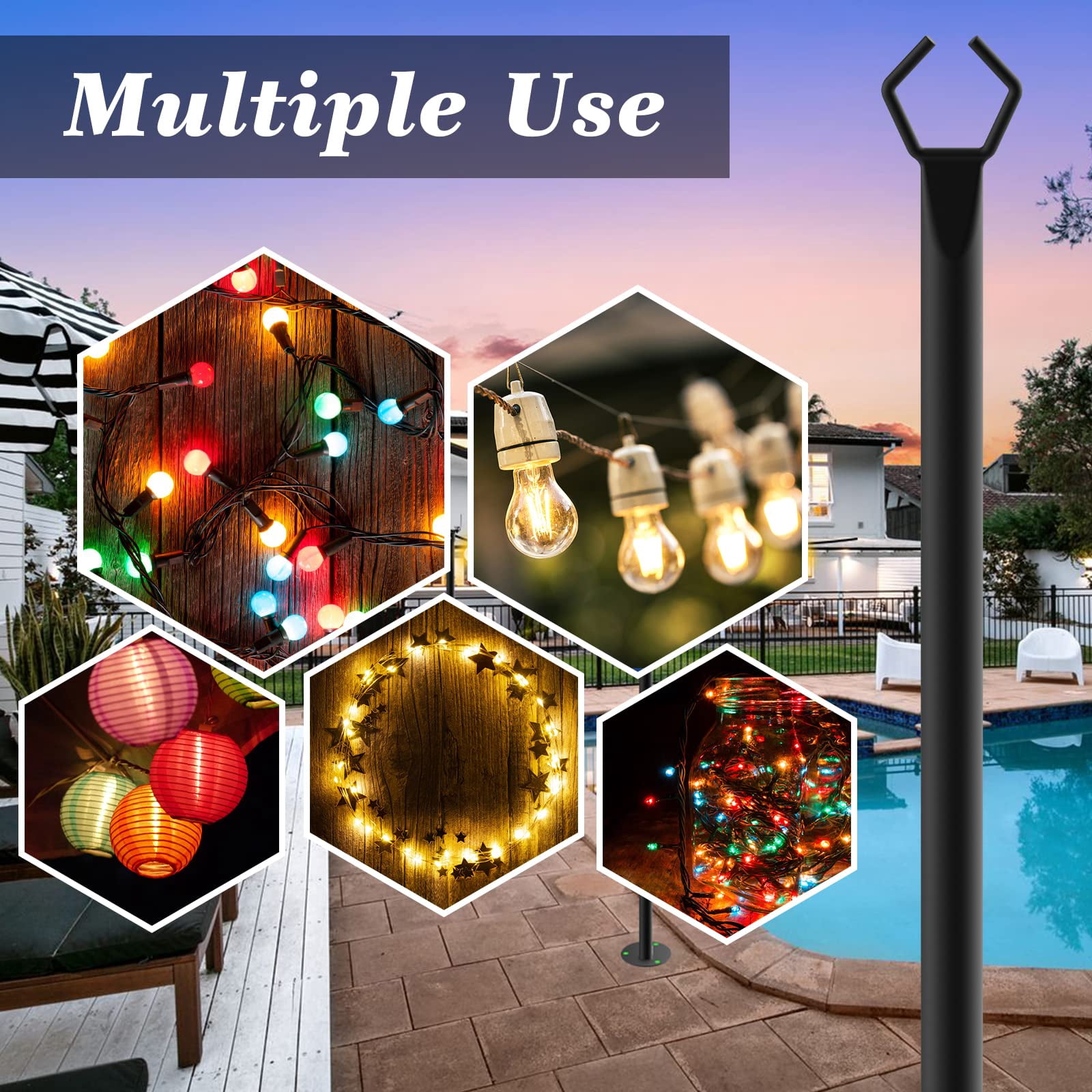 Aertyole 2 Pack 10FT Metal String Light Poles for Outside with Fork, Hanging Light Poles for Patio, Backyard, Garden, Deck, Party, Wedding (Black)
