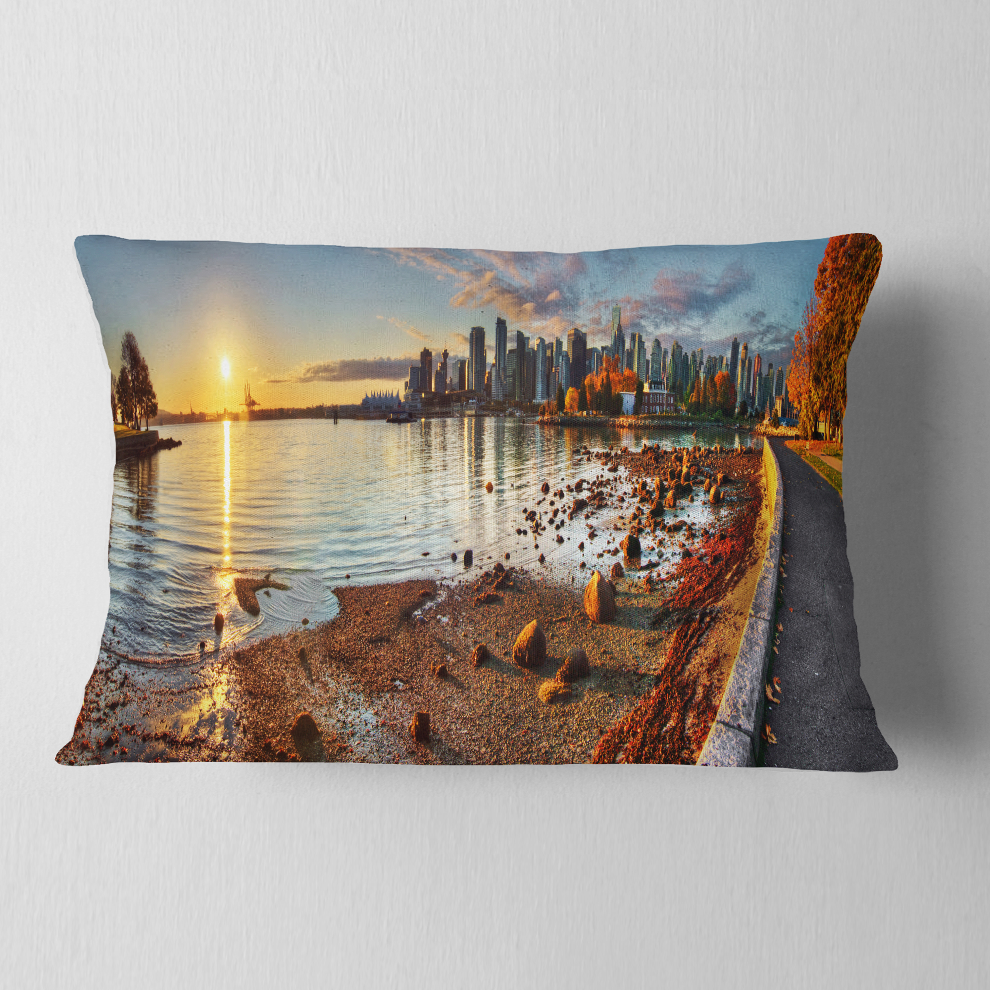 Designart Vancouver Downtown Panorama - Landscape Printed Throw Pillow - 12x20