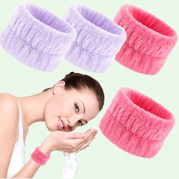 4 Pcs Spa Face Washing Wristbands, Light Purple Pink, Absorbent Microfiber Wrist Towels