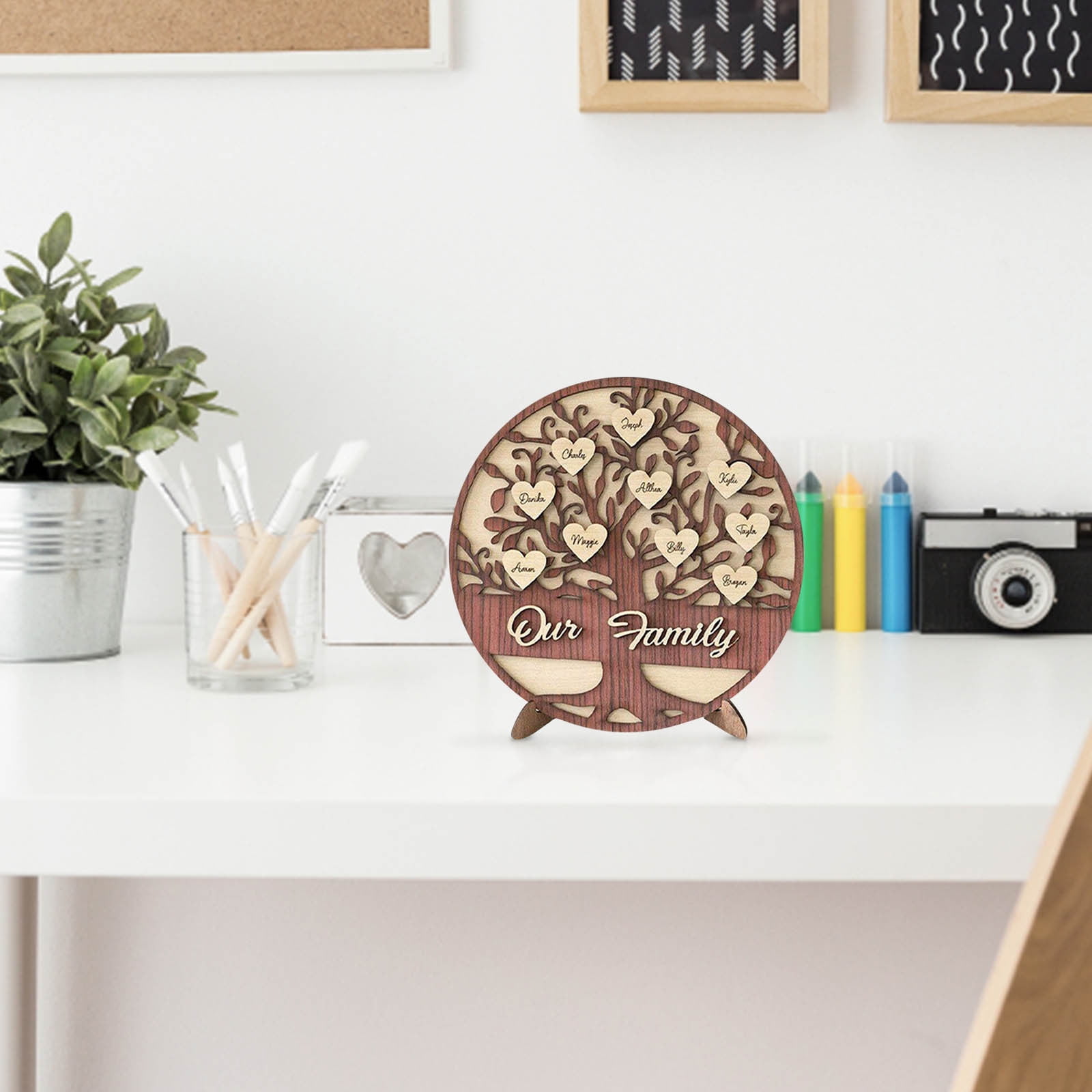 Cadorn Creative Wooden Desktop Ornament – Personalized Family Tree & Heart-Shaped Photo Frame Decor for Living Room