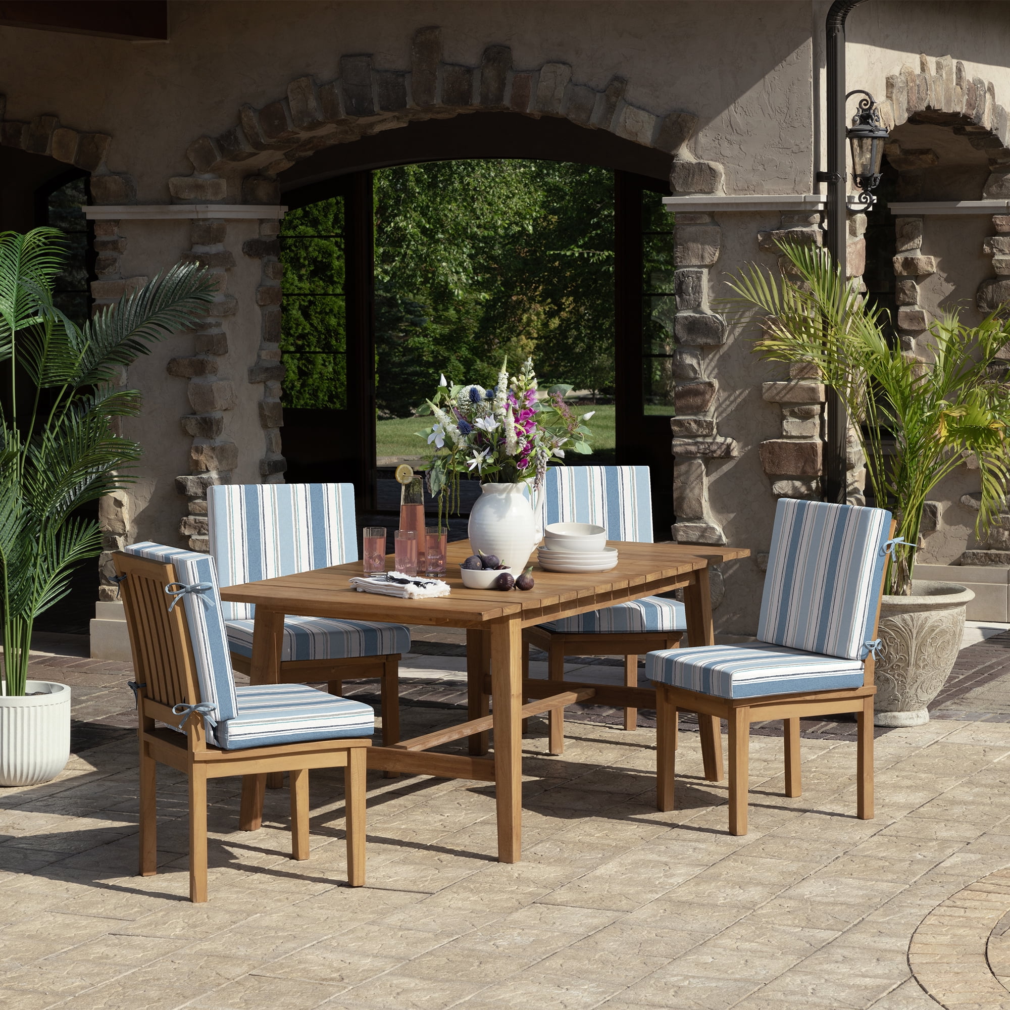 ARDEN Foam Outdoor Dining Chair Cushion, 20 x 20, made with ProFoam, Rain-proof, Fade Resistant, French Blue Linen Stripe