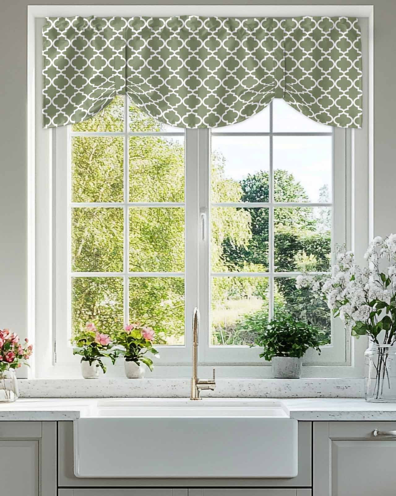 Moroccan Tie Up Valances Curtain, Adjustable Kitchen Moss Green Geometric Valances for Windows Decor, Rod Pocket Short Curtains Set for Bedroom/Bathroom, 60"x18"