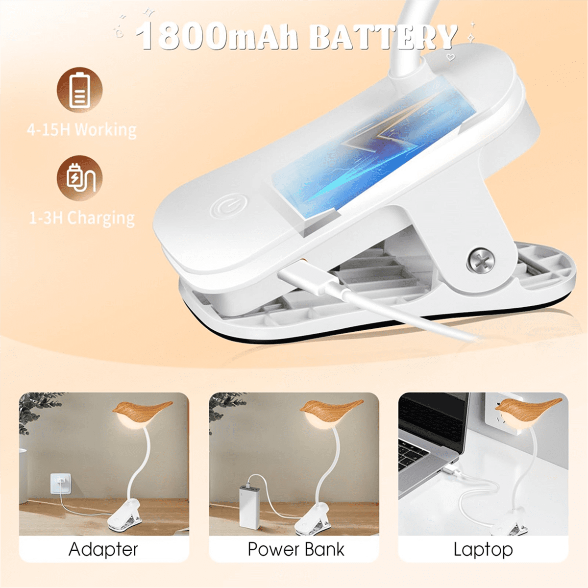 Small Bird Lamp,Dimmable and Cordless Bird Night Light, USB Rechargeable Touch Sensor Control Table and Desk Lamp,1 * night light 1 * USB cable,White & Wood Grain