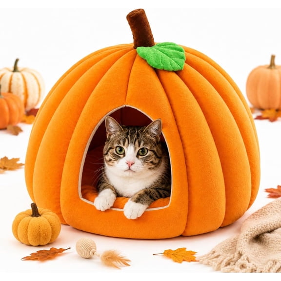 Pumpkin Cat Bed, Halloween Cat Tent with Removable Cushion, Warm & Washable Non-Slip, Super Soft Pet House Tent for Cats