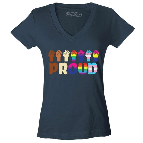 Shop4Ever Women's Proud Fists Rainbow Gay LGBTQ Community Diversity Slim Fit V-Neck T-Shirt X-Small Charcoal