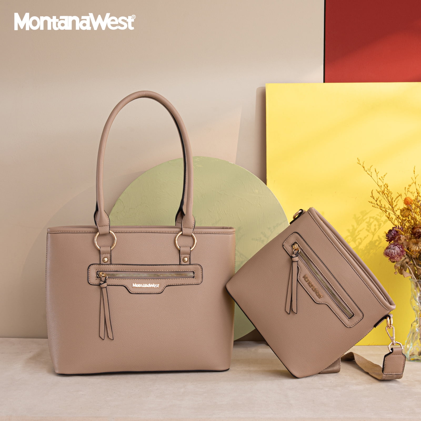 Montana West 2Pcs Handbags Set for Women Large Tote Bags Purse with Cute Crossbody bags, Khaki