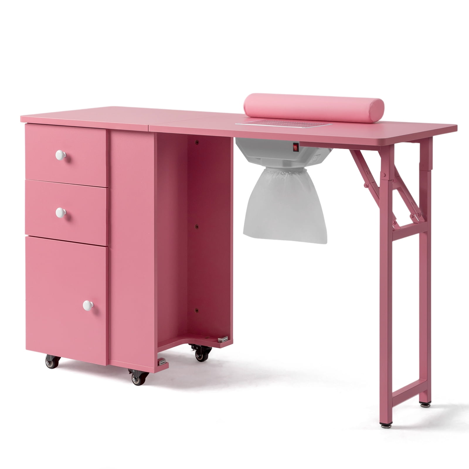 Nail Desk Folding Table, Pink MDF Manicure Station w/ 2 Drawers & 1 Door Cabinet for Nail Art Salon Home Beauty