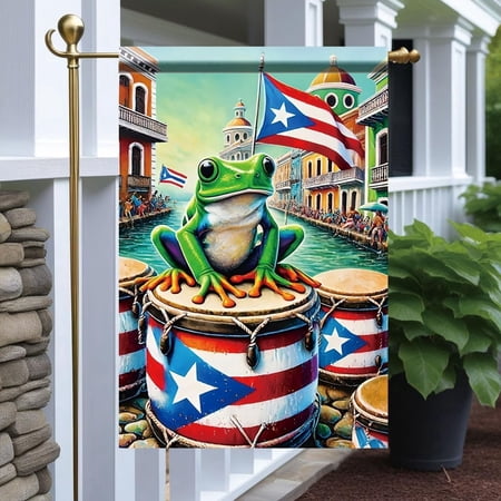 Tropical Frog Garden Flag 12x18 Inch Double Sided Outdoor Yard Banner with Drums and Island Design for Summer Patio Porch and Garden