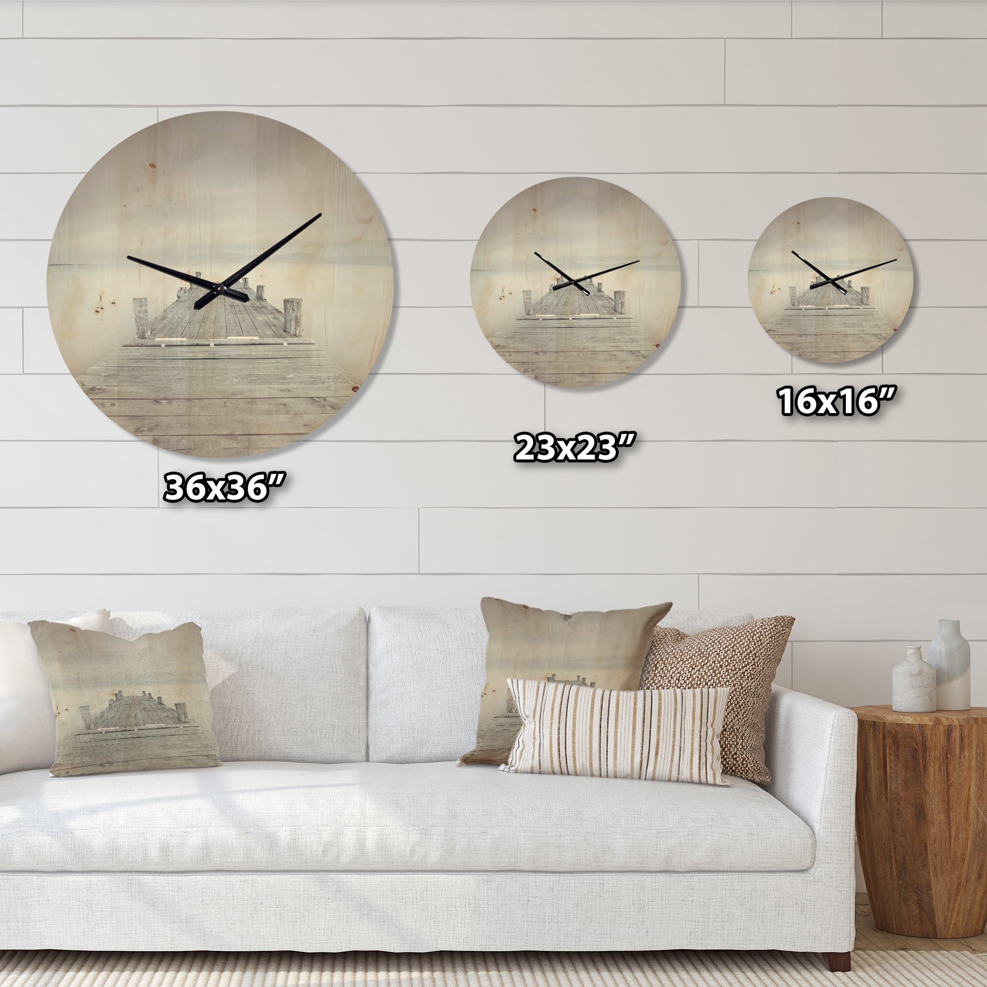 Designart 'Wooden Pier On Lake in Cloudy Mood ' Modern Wood Wall Clock