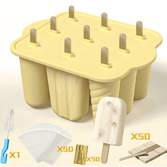 ChrumpTon Silicone Ice Pop Mold Set with 50 Sticks, 50 Bags & Brush, BPA Free Easy Release Ice Cream Molds for Homemade Treats, Yellow