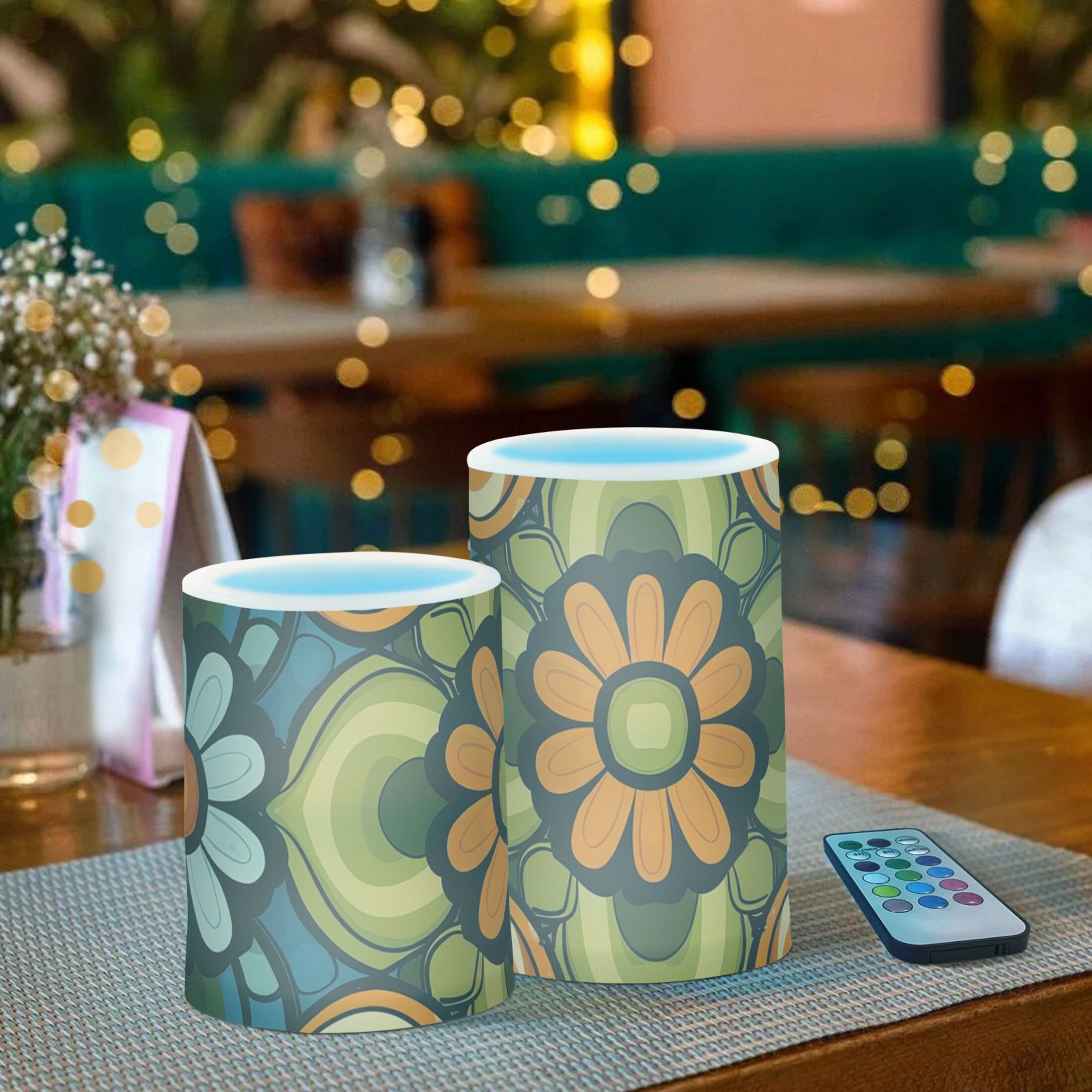 Vintage Groovy Flower Patterns Flickering Flameless Candles LED Tealight Battery Operated with Remote Set of 2 Holiday Decor Ornaments