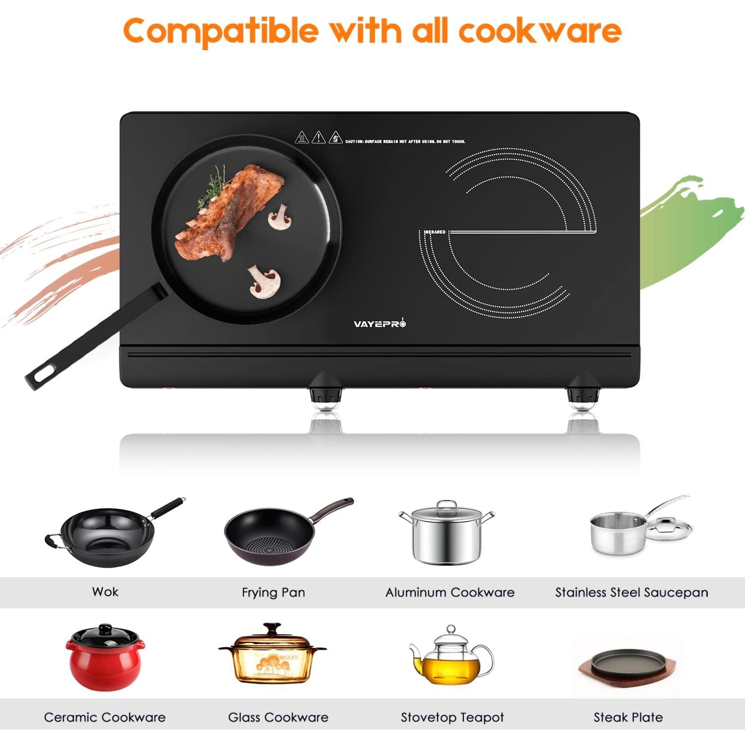 Electric Hot Plate for Cooking, Infrared Double Burner,Electric Cooktop 2 Burner,1800W Portable Electric Stove,Heat-up In Seconds,Countertop Cooktop for Dorm,Compatible with All Cookware