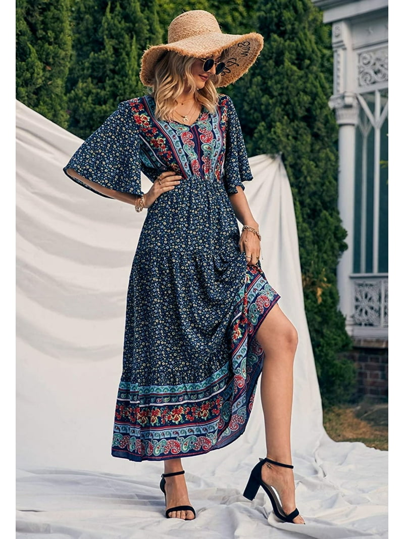 Women's Boho Flared Sleeve Paisley Maxi Dress - Walmart.com Women's Boho Flared Sleeve Paisley Maxi Dress - Walmart.com
