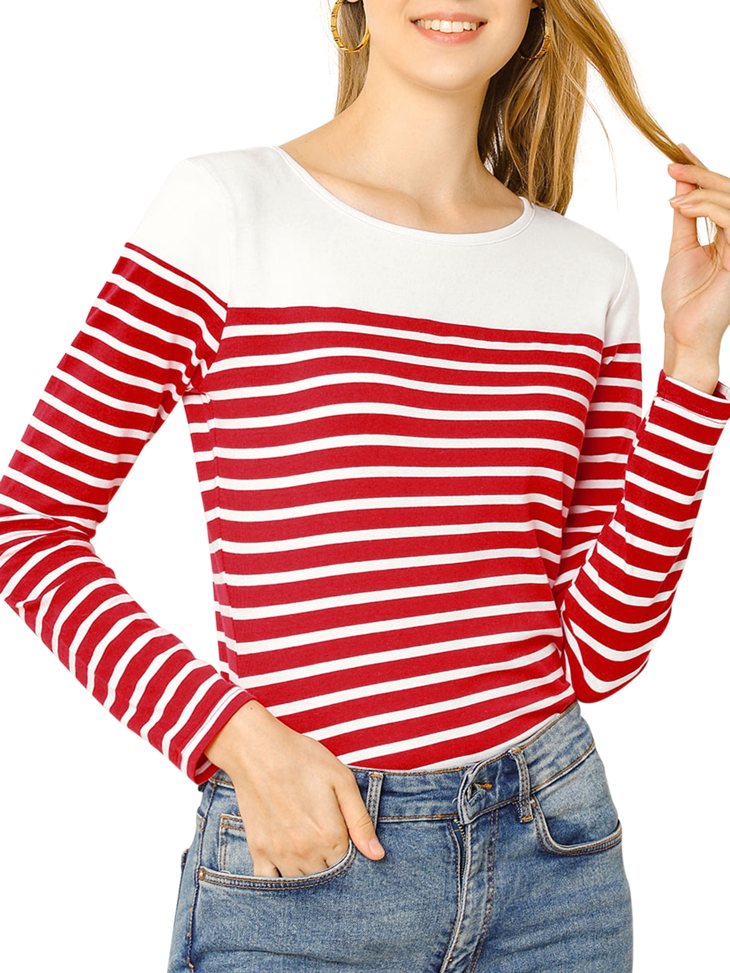 DARING DIVA Women's Color Block Striped Knit Top Long Sleeves T-Shirt XL Red-White