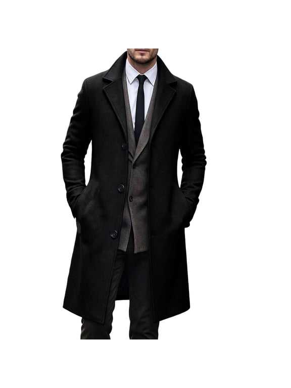 Mens Wool Blend Trench Coat Casual Notched Collar Lapel Long Jacket Slim Fit Trendy Classic Winter Overcoat