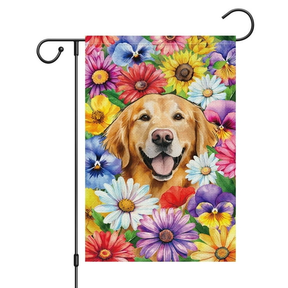 VOCHIC Welcome Spring Golden Retriever Dog Garden Flag 12x18 Double Sided, Burlap Small Daisy Pansy Flower Garden Yard House Flags Outside Outdoor Summer Porch Lawn Decoration (ONLY FLAG)