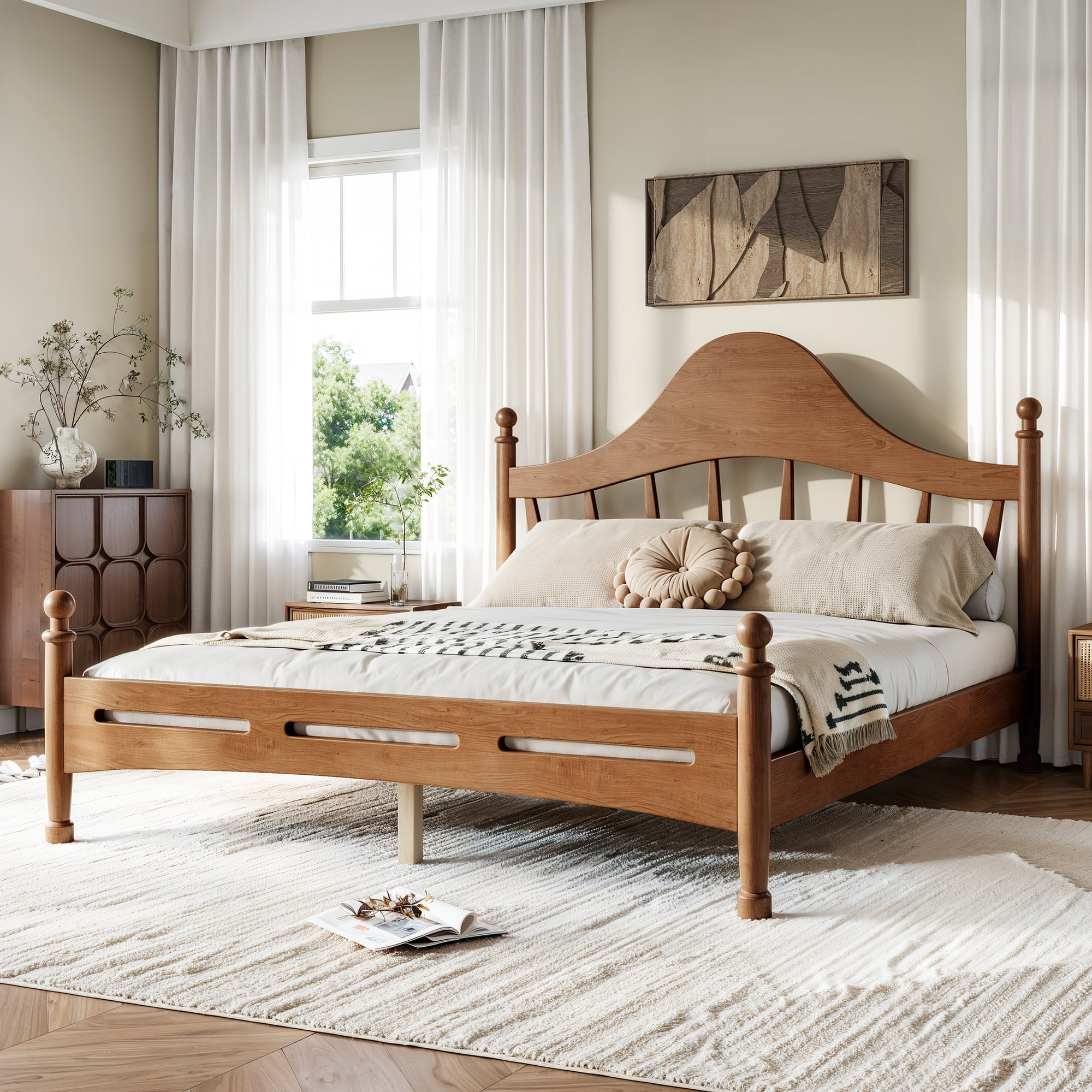 Leumius Queen Size Platform Bed with Chic Headboard, Solid Wood Bed Frame with Slatted Support, Low to Ground Design for Bedroom Brown