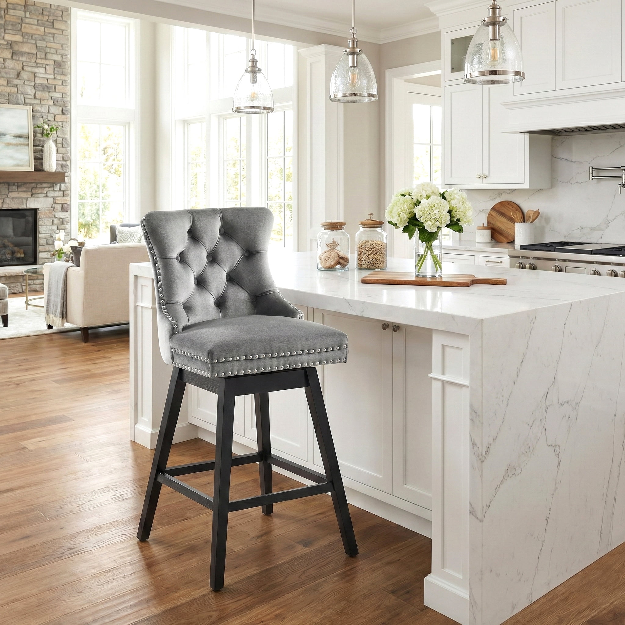 Fahomiss 30" Swivel Bar Stools, Gray Velvet Bar Height Barstools with Back for Home Pub