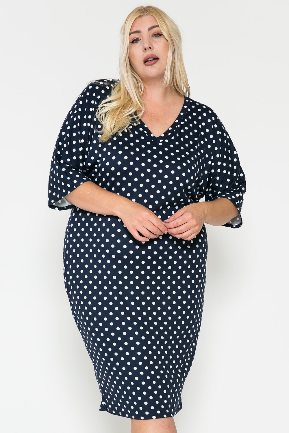 Women's Plus V-Neck Half Sleeve Polka Dot Print Casual Basic Summer Basic Loungewear Midi Dress - Walmart.com