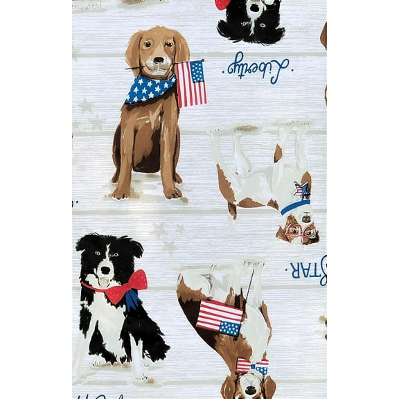 Americana Adorable Patriotic Dogs with Flags Vinyl Flannel Back Tablecloth (52x90 Oblong)