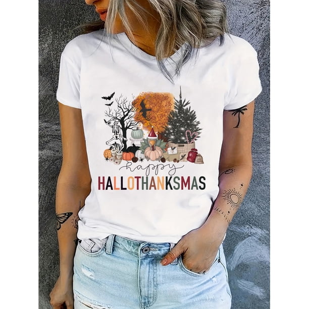 Happy Hallothanksmas Print T-shirt, Casual Crew Neck Short Sleeve Top, Women's Clothing