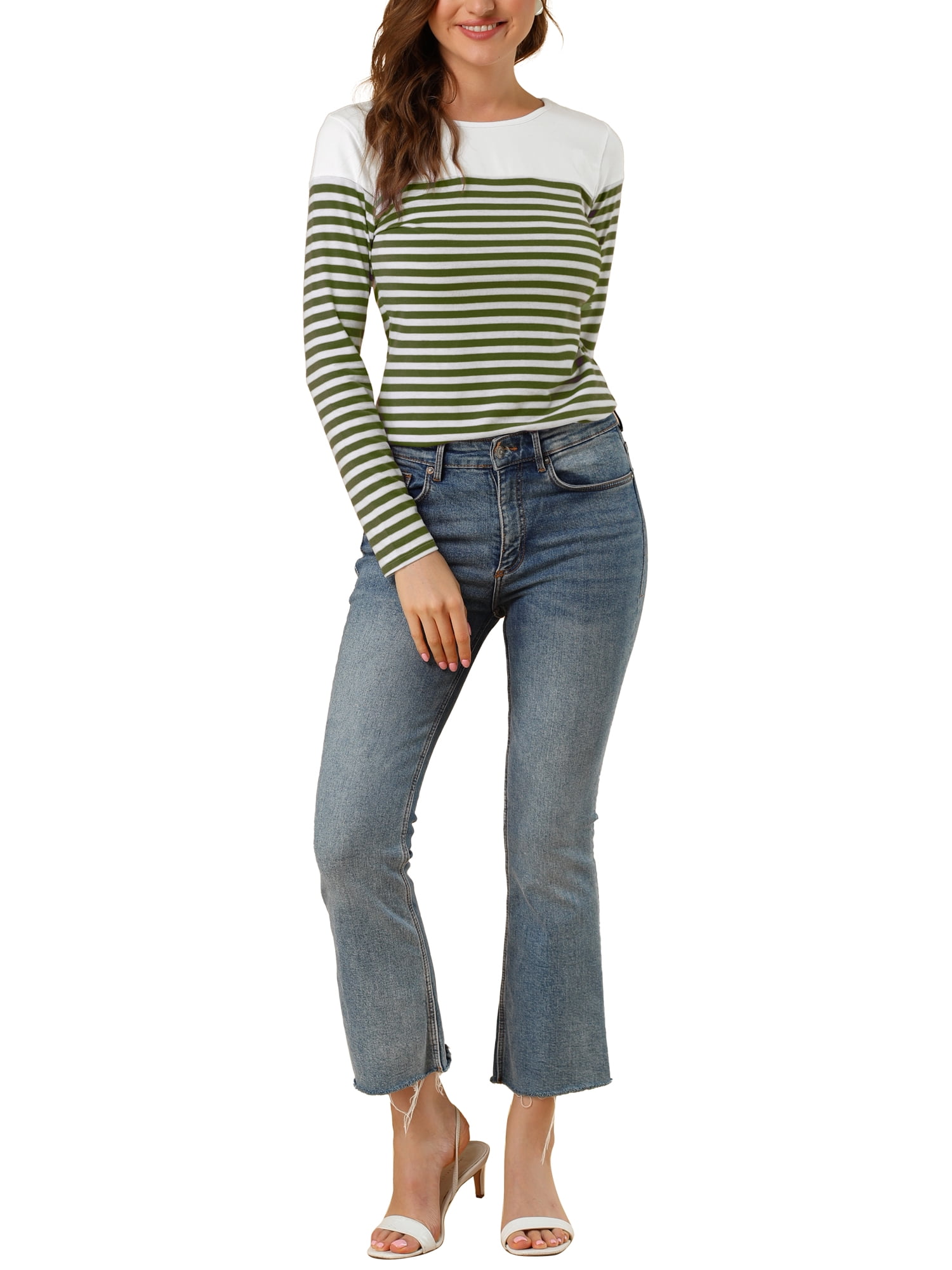 DARING DIVA Women's Color Block Striped Knit Top Long Sleeves T-Shirt M Army Green