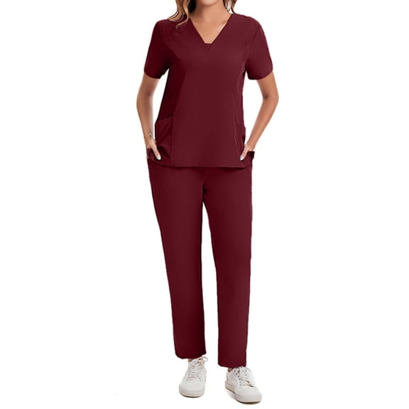 CIENVNSTG Womens Scrubs Joggers Set V Neck Short Sleeve Scrub Tops Soft Stretch Solid Color Cargo Pants Medical Uniform Scrub Red S