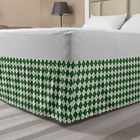 Christmas Bed Skirt, Vintage Fashion Pattern of Traditional Argyle Checkered Scottish Irish Culture, Elastic Bedskirt Dust Ruffle Wrap Around for Bedding Decor, 4 Sizes, Green White, by Ambesonne