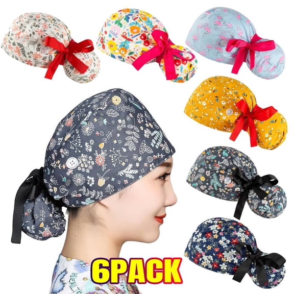 6 PACK Scrub Caps Women with Button, Satin Lined Nurse Caps for Women, Breathable & Adjustable