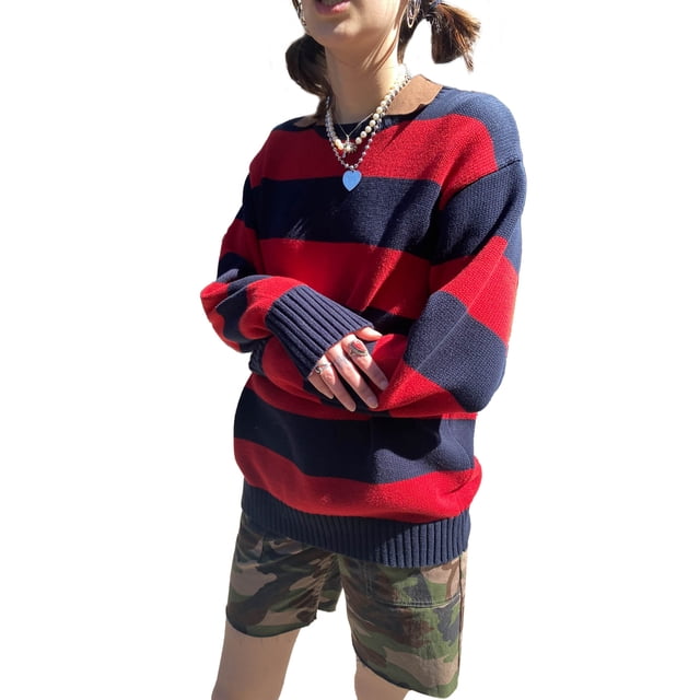 Jersey Para Mujer Con Rayas De Colores En Contraste, Cuello Redondo Manga Larga Jerseys De Punto Tops XBTCLXEBCO Rayas Rojas Azules;L