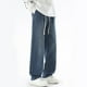 thumbnail image 5 of Pantalones largos para hombre, con bolsillo exterior, cintura elástica, cordón ajustable, color sólido, de mezclilla, pierna ancha, pantalones para hombre, 5 of 8