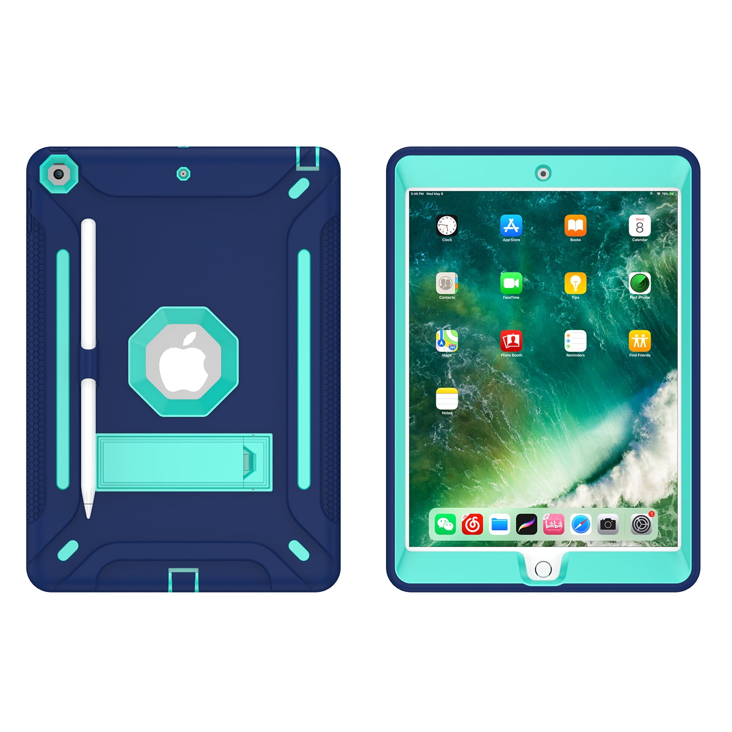iPad Air 2 Case, iPad 9.7 Case 6th Generation, Dual Layer Shockproof Lightweight Hybrid Rugged Kickstand Protective Cover with Pencil Holder, Navy/Mint