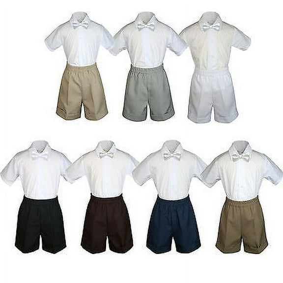 3pc Set Boy Toddler Formal Party White BowTie White Black Khaki Shorts S-4T