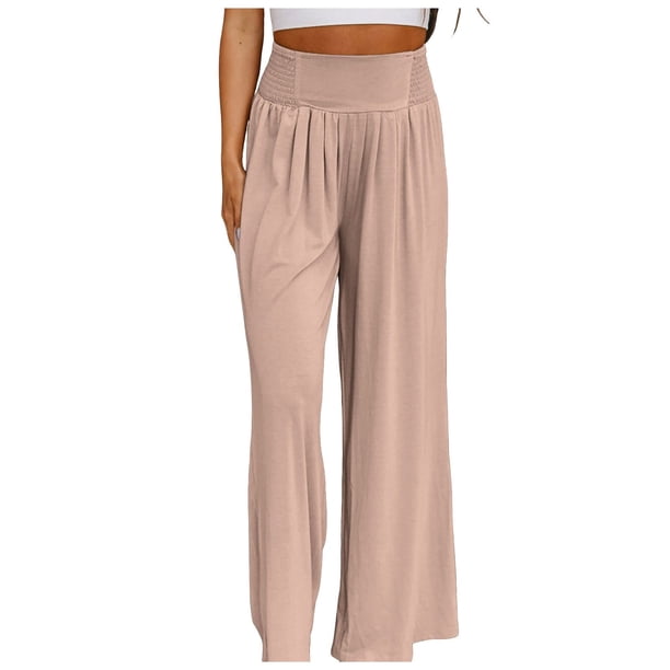 Pantalones boho de mujer con pierna ancha, cintura alta y fruncido - Cintura elástica, ligeros, pantalones informales de playa