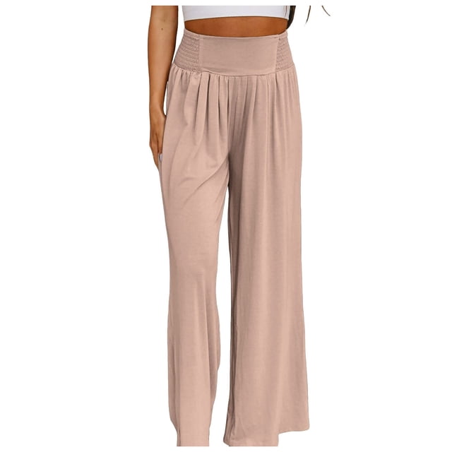 Pantalones boho de mujer con pierna ancha, cintura alta y fruncido - Cintura elástica, ligeros, pantalones informales de playa